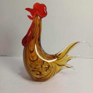 Hand‎ Blown Art Glass Rooster Figurine Red Yellow Brown Swirl Chicken Farmhouse